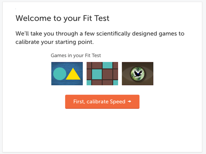 Once your personal program has been set up, the first thing to do — and you can do this part without paying — is take some quick tests to establish a baseline in each core area. That way, Lumosity can track your progress as you play (or "train").