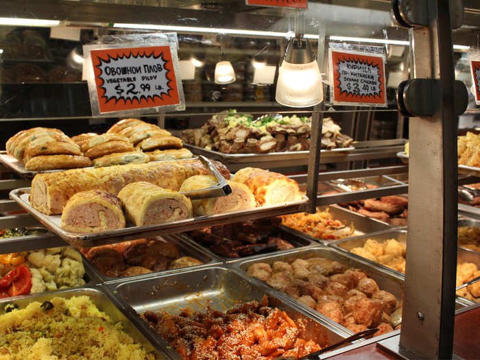 The hot buffet aisle served local dishes like stroganoff, chicken kiev, plov, knishes, and more.