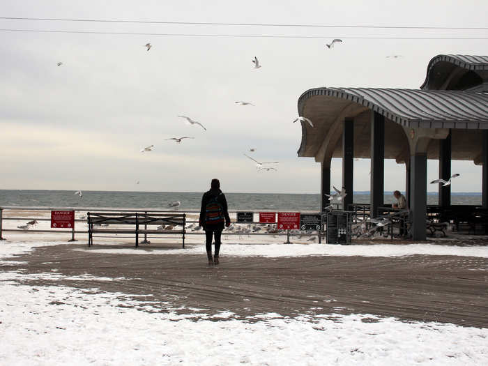 From Brighton Beach Avenue, we walked just a few avenues to the boardwalk, where restaurants swarm with tourists in warmer weather.