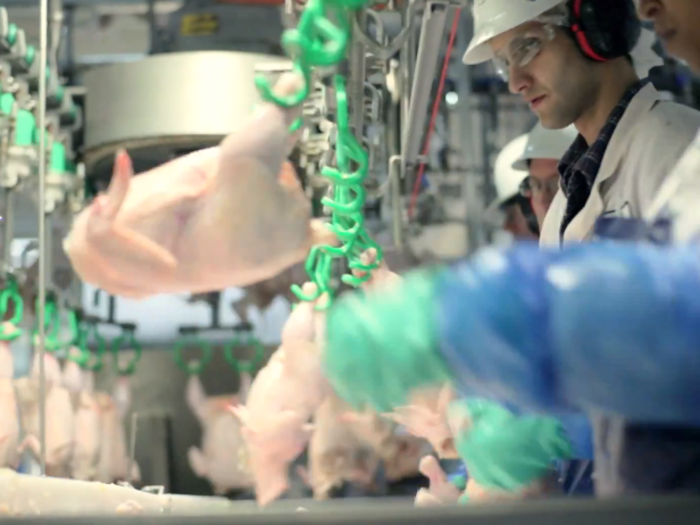 The process of making McNuggets starts in the "deboning department" with whole chickens.