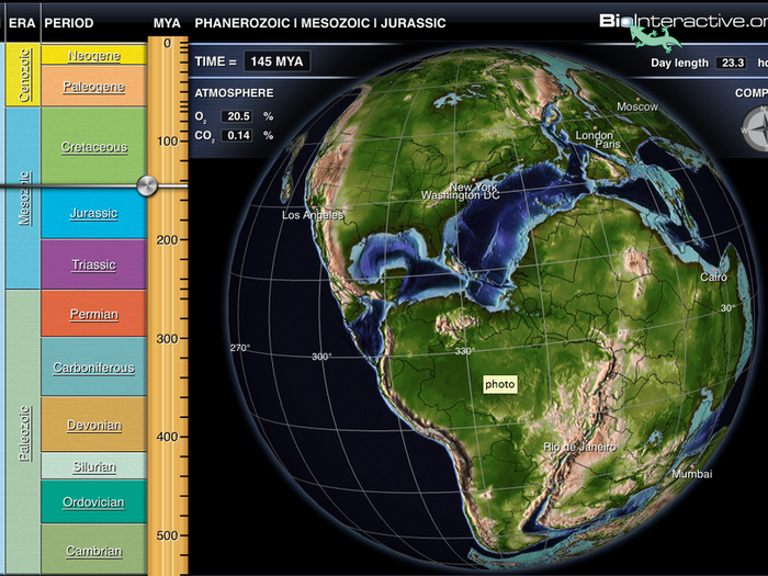 Earth Viewer is an interactive app that allows the user to see how the Earth has changed over time. The 3D model shows changes in atmospheric conditions, global temperature, and continental shifts.