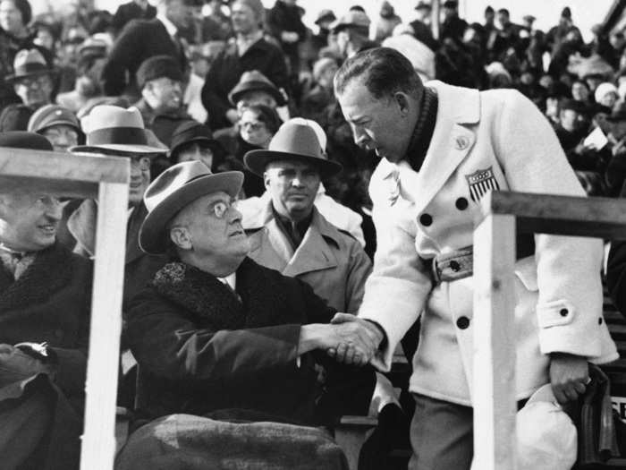 The first Winter Olympics held in the United States was at Lake Placid in 1932. Then-Governor Franklin D. Roosevelt shakes hands with American Olympic captain J.A. Stevens.