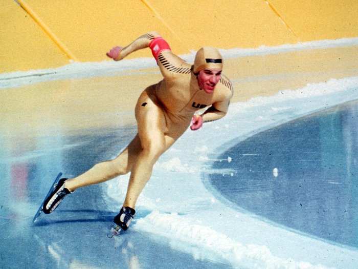 U.S. Olympic speedskater Eric Heiden was the first person to win five gold medals at a single games, setting 4 Olympic records and 1 world record in the process. Here, he wins the 1500 meters event.