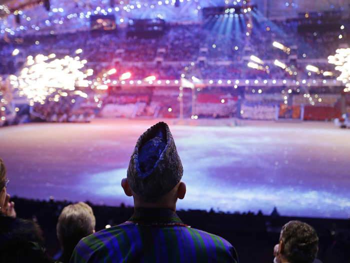 Afghan president Hamid Karzai watches a fireworks display.