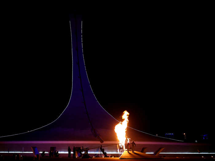 The torch at the base of the Olympic cauldron.