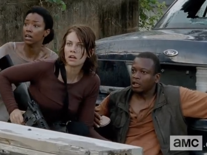 Maggie (Lauren Cohan) is with Sasha (Sonequa Martin-Green) and Bob (Lawrence Gilliard Jr.).