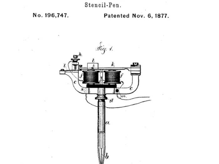 ELECTRIC PEN: Preceded by the perforated pen, which punched holes in telegraphs, this electric pen created a stencil as the user wrote, which could be used to press ink onto paper and make duplicates.