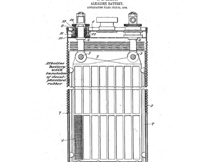 ALKALINE BATTERY: While experimenting with an iron and nickel battery, Edison discovered an alkaline solution that produced a longer-lasting battery. The industrial world proved a huge market for his new product, which became the most successful one of his later years.