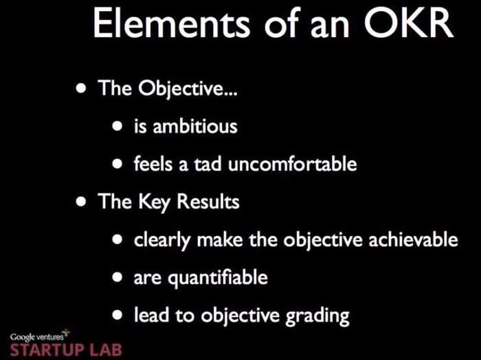 More on how to make an OKR. Ambition and measurable results are important.