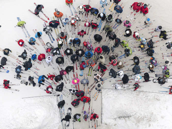 Kacper Kowalski took this photo of skiers at the Czarna Góra resort in Poland from a motorized paraglider.