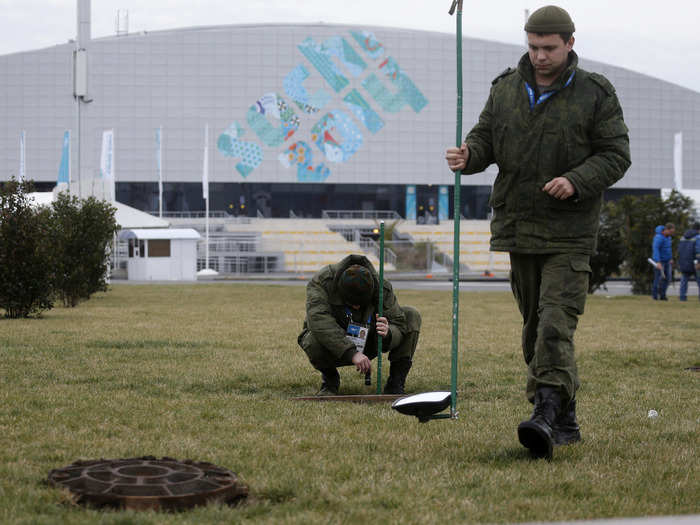 Russian police and soldiers are constantly searching the sewer systems around the Olympic Park for any hidden explosives.