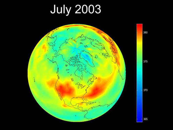 CARBON DIOXIDE LEVELS 2003: An infrared image from July 2003 shows the concentration of carbon dioxide in our atmosphere. The red areas indicate that carbon dioxide concentration is at or above 380 parts per million.