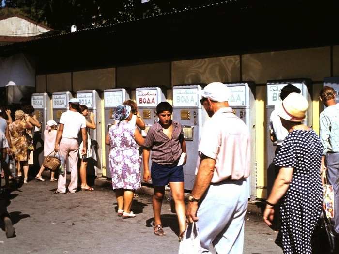 These machines distributed water to thirsty crowds.