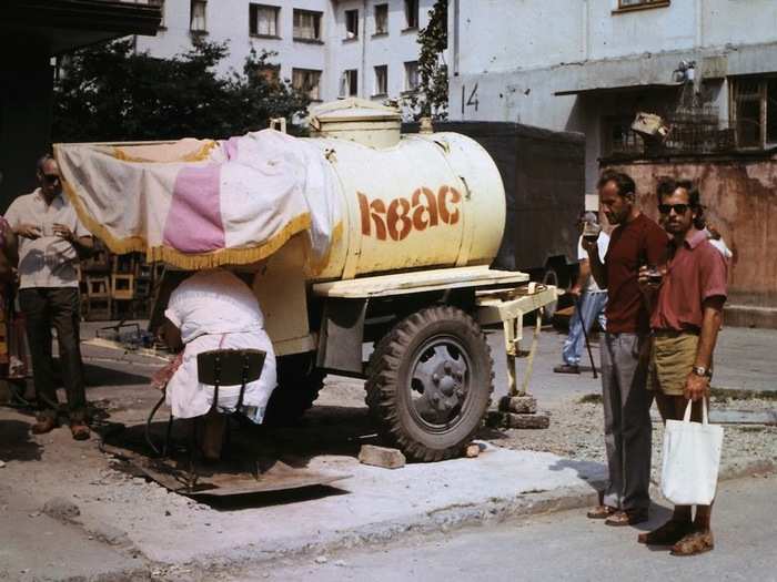 The vendor at this wagon gave out kvass, a non-alcoholic beverage popular in Russia and Ukraine.