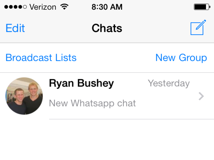 If you want to talk with a friend, tap the icon in the right corner to write a message. Broadcast Lists lets you send messages to multiple people at once. New Group lets you customize a group chat with people in your contacts list.