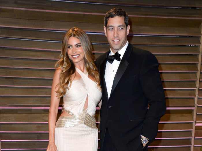 Sofia Vergara, wearing Roberto Cavalli, with fiancé Nick Loeb. She tweeted before the party, "Trying my @brian_atwood custom made party shoes for tonight! #supermodeltall”