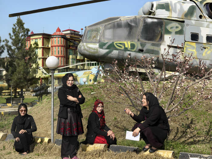 Nafisa (second left) is a TV presenter at Shamzad TV, one of 43 commercial TV stations in Afghanistan. She and her colleagues are often targets for attacks because they work in media. She says the garden of Shamzad TV (pictured) is her favorite place in the city.