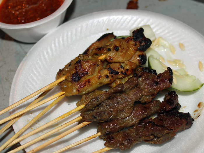 The satay meat is typically chicken or mutton, and it