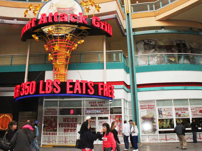 But we finally made it. Welcome to the Heart Attack Grill in downtown Las Vegas, where everyone who weighs over 350 pounds eats for free.