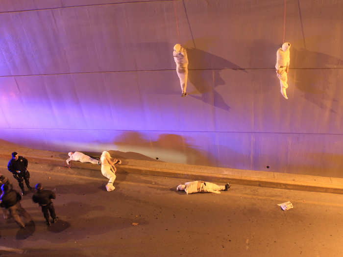 Coahuila, Mexico is one of the hot beds of the drug war. Here, police arrive at a crime scene where two bodies hang from a bridge.