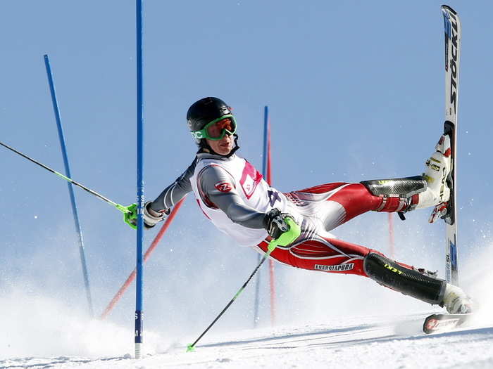 Here, a competitor at a slalom contest in Poland loses his footing.