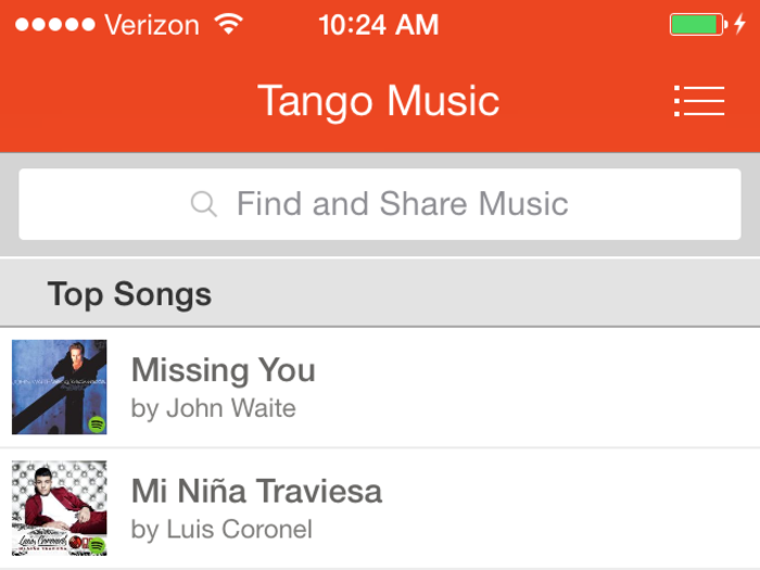 Tango Music is where you can select songs to send to other people in the Tango network.