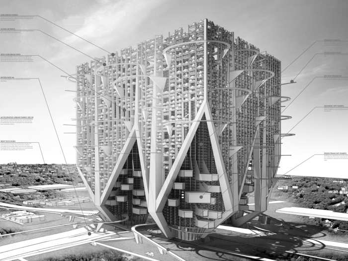 This second place place project, "Car and Shell Skyscraper," proposes a city in the sky for Detroit comprised of homes, recreational areas, and commercial areas stacked in a large cube.