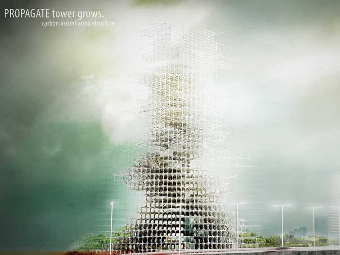 The environmentally friendly third place winner “Propagate Skyscraper” aims to obtain and contain greenhouse gases in order to lessen their presence in the atmosphere.