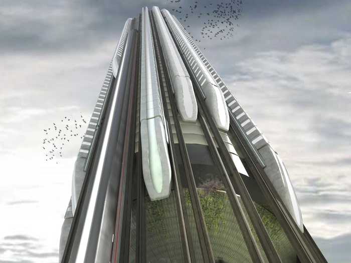 "Hyper-Speed Vertical Train Hub" essentially creates a vertical train station for the year 2075.