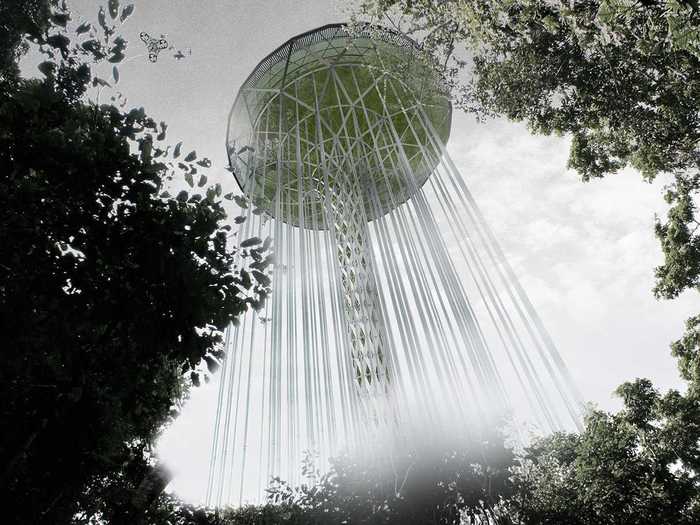 This massive-looking water tower will prevent fires by capturing rainwater in the rainy season and irrigating the land in the dry season for the Amazon.