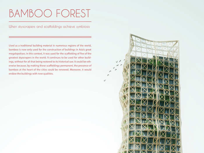 The "Bamboo Forest" project proposes to make bamboo scaffoldings a permanent part of buildings, specifically in Asia. Benefits would include the possibility of vertical gardens and additional stabilization during earthquakes.