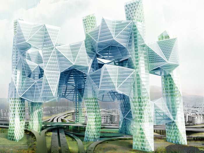 "Skyvillage For Los Angeles" is a proposal for a building that includes green filtering towers to clean freeways, and also connect the city