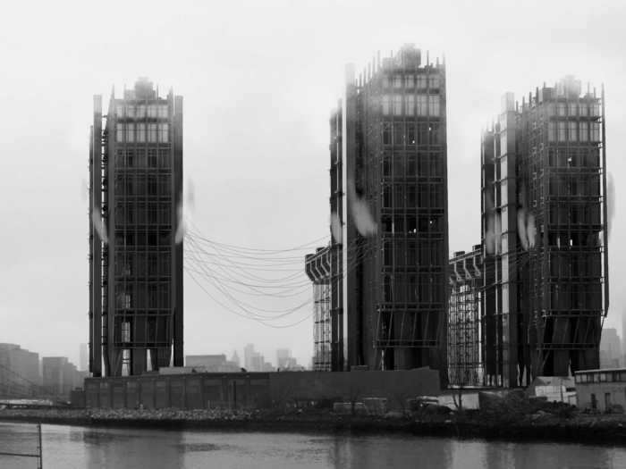 This projects envisions building more vertical manufacturing towers in New York City in the face of growing global trade. The three towers would be perched on the Newtown Creek peninsula in Queens.