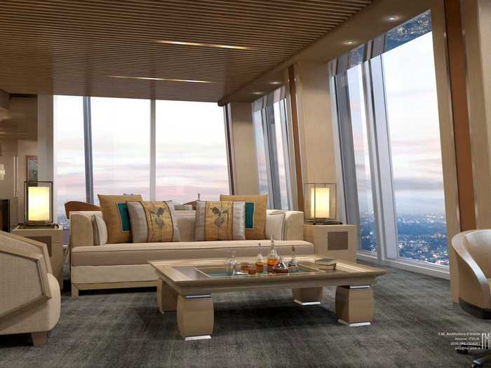 Every room and suite has floor-to-ceiling windows overlooking the city.