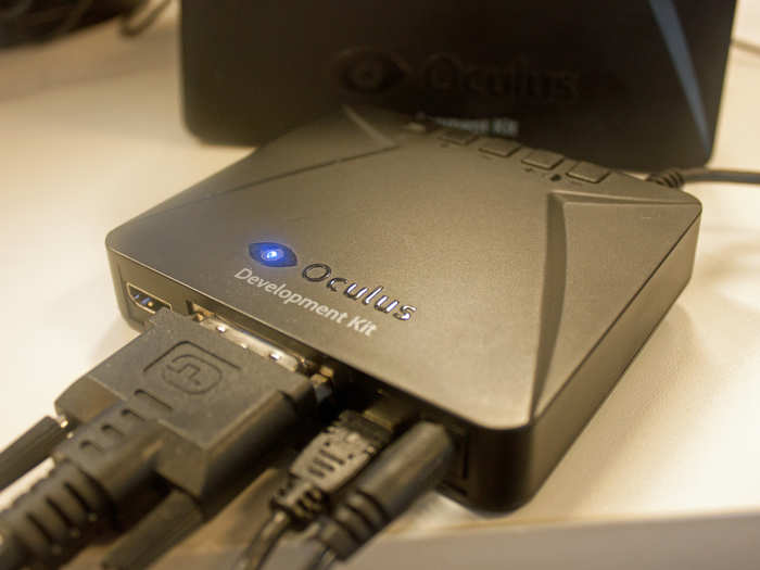 The Oculus Rift attaches to a relay box, which then hooks up to your computer. This allows the headset to be lighter. The relay box can be plugged in by either an HDMI or DVI cable.
