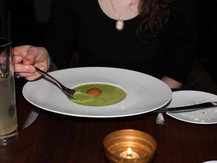 Next came the broccoli soup, prepared with broccoli oil and an oxtail croquette.