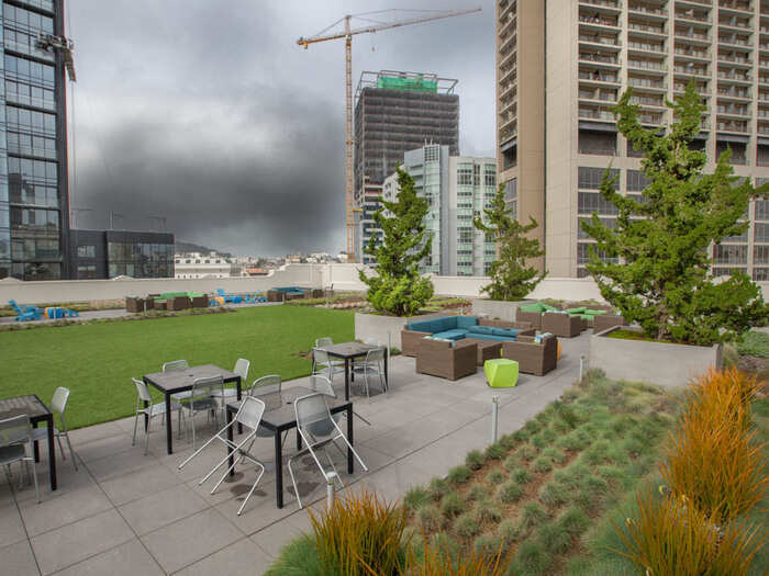 Through glass doors from the cafeteria, this outdoor area is a big selling point of Twitter employment.