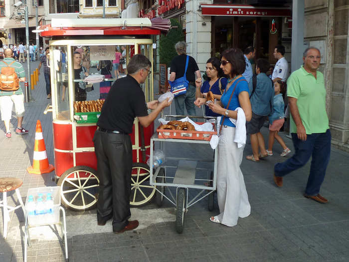 Vendors sell simits, Turkish bagels that are covered in sesame seeds, all over the city. The iconic street food costs about 1 Turkish Lira (50 cents).