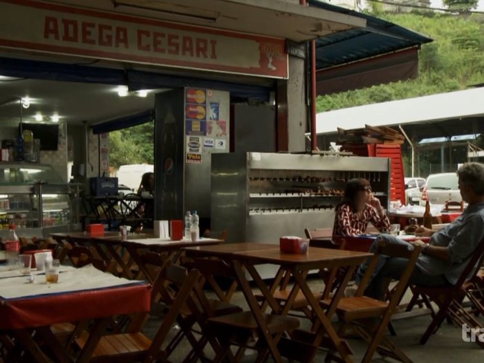 The next day, Bourdain and his wife, Ottavia, enjoyed lunch at Adega Cesari, a Churrascaria (Portuguese barbecue joint) located at the Cadeg Market.