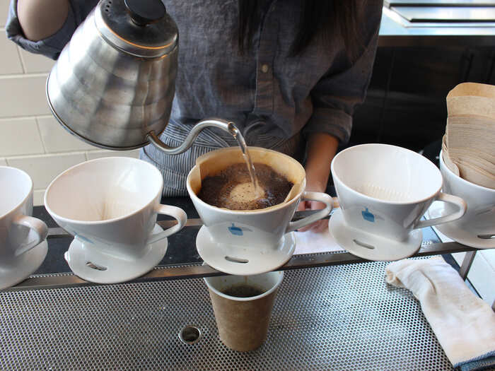 Drip coffee ($3.25) is the most popular item on the menu, which involves a brewing process that takes two and half to three minutes per cup and guarantees a fresh cup every time. Blue Bottle Coffee has come to be known for its pour-over method.