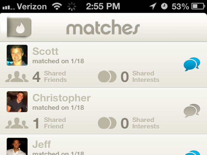 Here are all her matches on the app. The blue bubbles mean she and the person have been messaging.