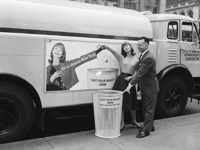 Sanitation Commissioner Paul Screvane and model demonstrating a campaign for a cleaner city, May 5, 1960.