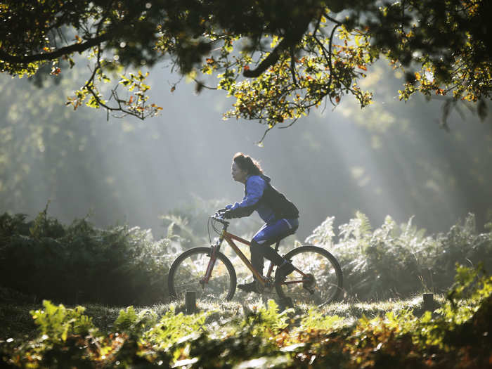 A woman cycles in the early morning autumn sunshine in London