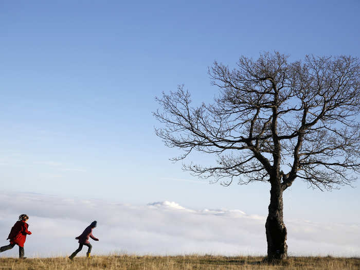 Children run as they play near a tree standing in front of fog over the central Bosnian town of Zenica on the Lisac mountain range.