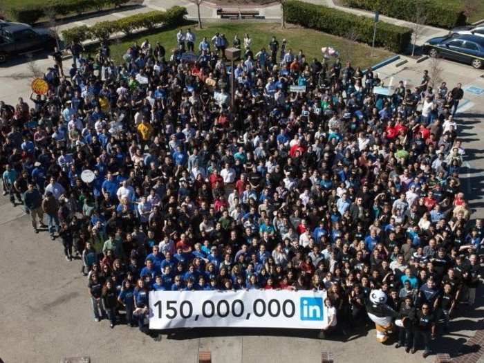 LinkedIn went public in May 2011. This photo — in February 2012, celebrating 150 million members — was the first taken after that.