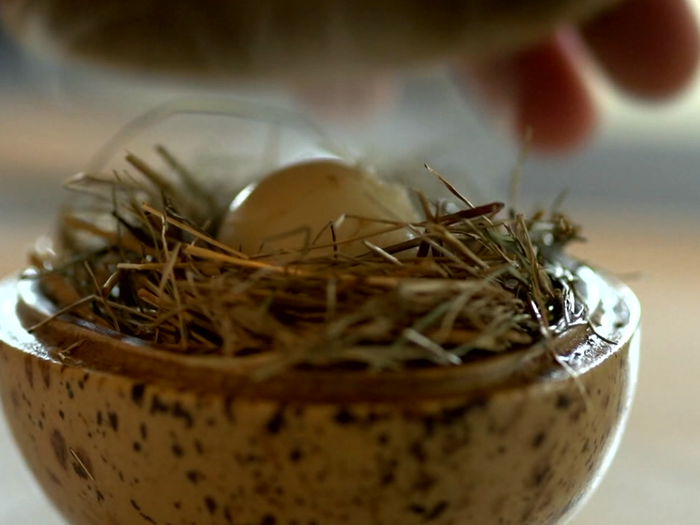 One of the innovative dishes on the actual menu is quail egg cooked in hay, which Bourdain calls "perfect."