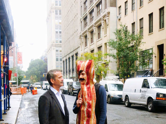 On Halloween, he dressed as a strip of bacon.