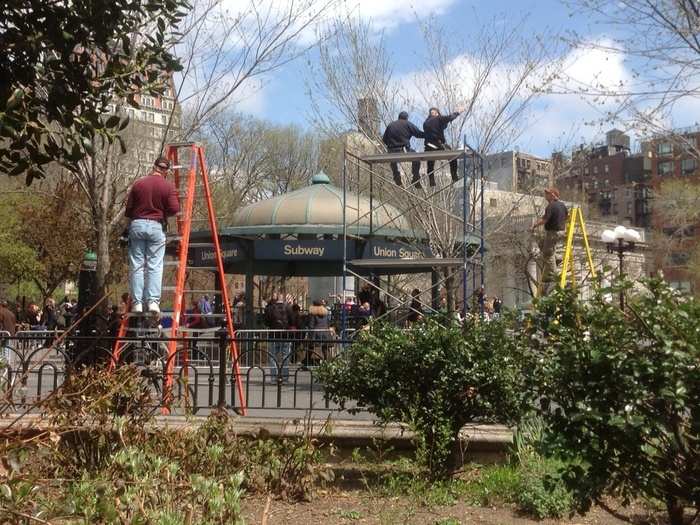 Crews put together sets on the south end of Union Square between 14th and 16th streets.