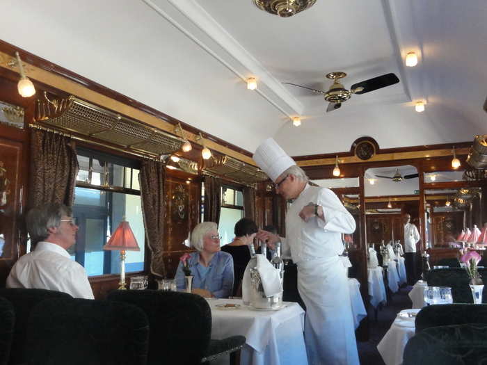 The posh train uses carriages originally from the 1920s and 1930s. It features refined French cuisine and an authentic experience that evokes the famous Orient Express.