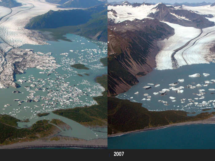 Another comparison image of Bear Glacier shows rapid shrinkage between 2002 and 2007. Large icebergs are created a giant chunks of ice break off from the main mass.